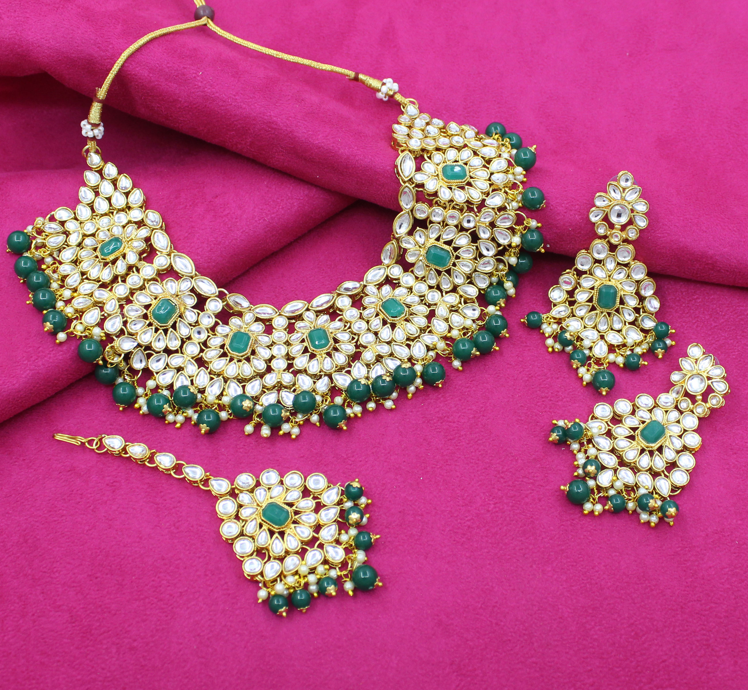 Ethnic Design Party Wear Gold Plated Choker Necklace Earring With Maangtikka Jewellery Set