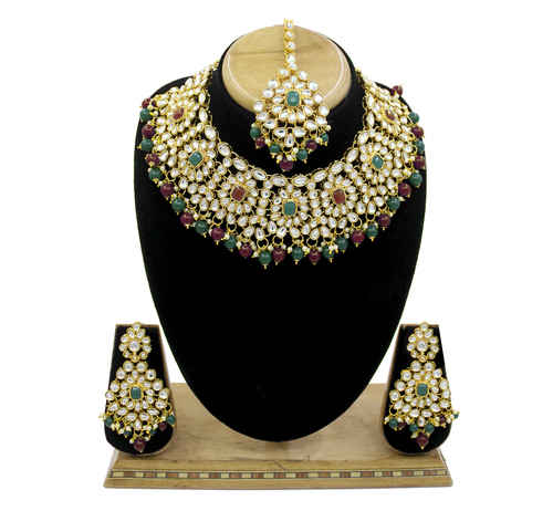 Ethnic Design Party Wear Gold Plated Multi Color Choker Necklace Earring With Maangtikka Jewellery Set