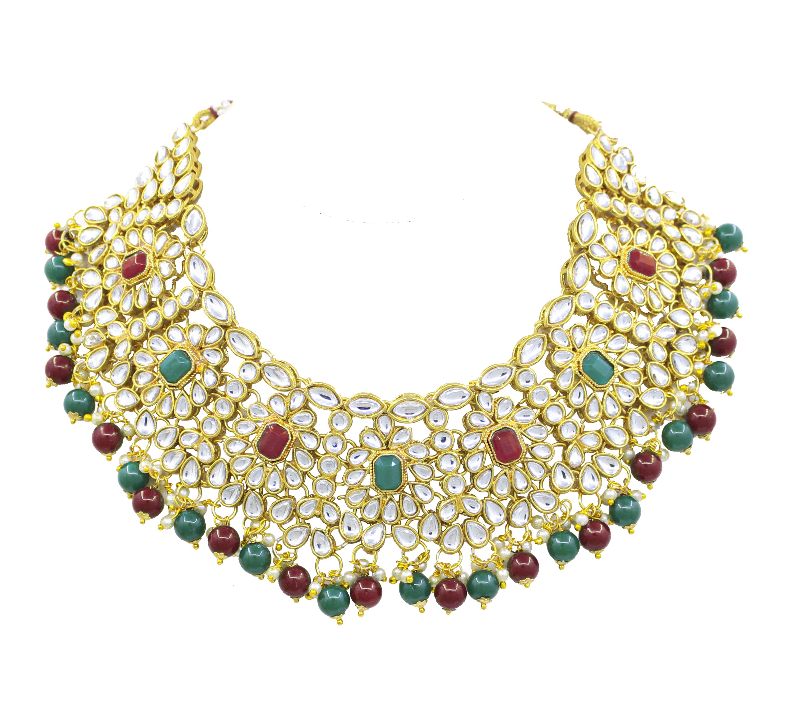 Ethnic Design Party Wear Gold Plated Multi Color Choker Necklace Earring With Maangtikka Jewellery Set