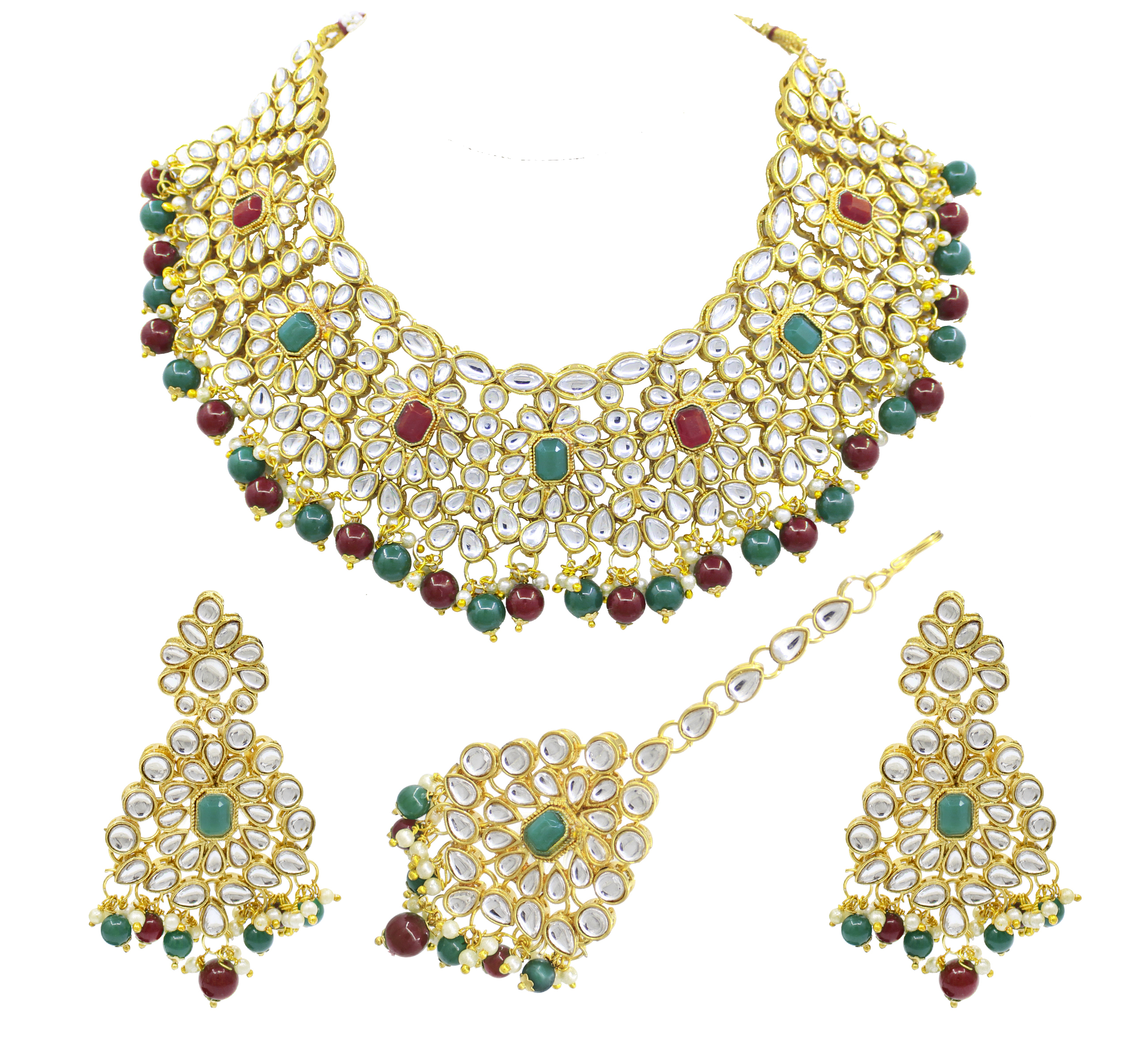 Ethnic Design Party Wear Gold Plated Multi Color Choker Necklace Earring With Maangtikka Jewellery Set