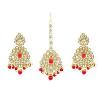 Ethnic Design Party Wear Red Color Choker Necklace Earring With Maangtikka Jewellery Set