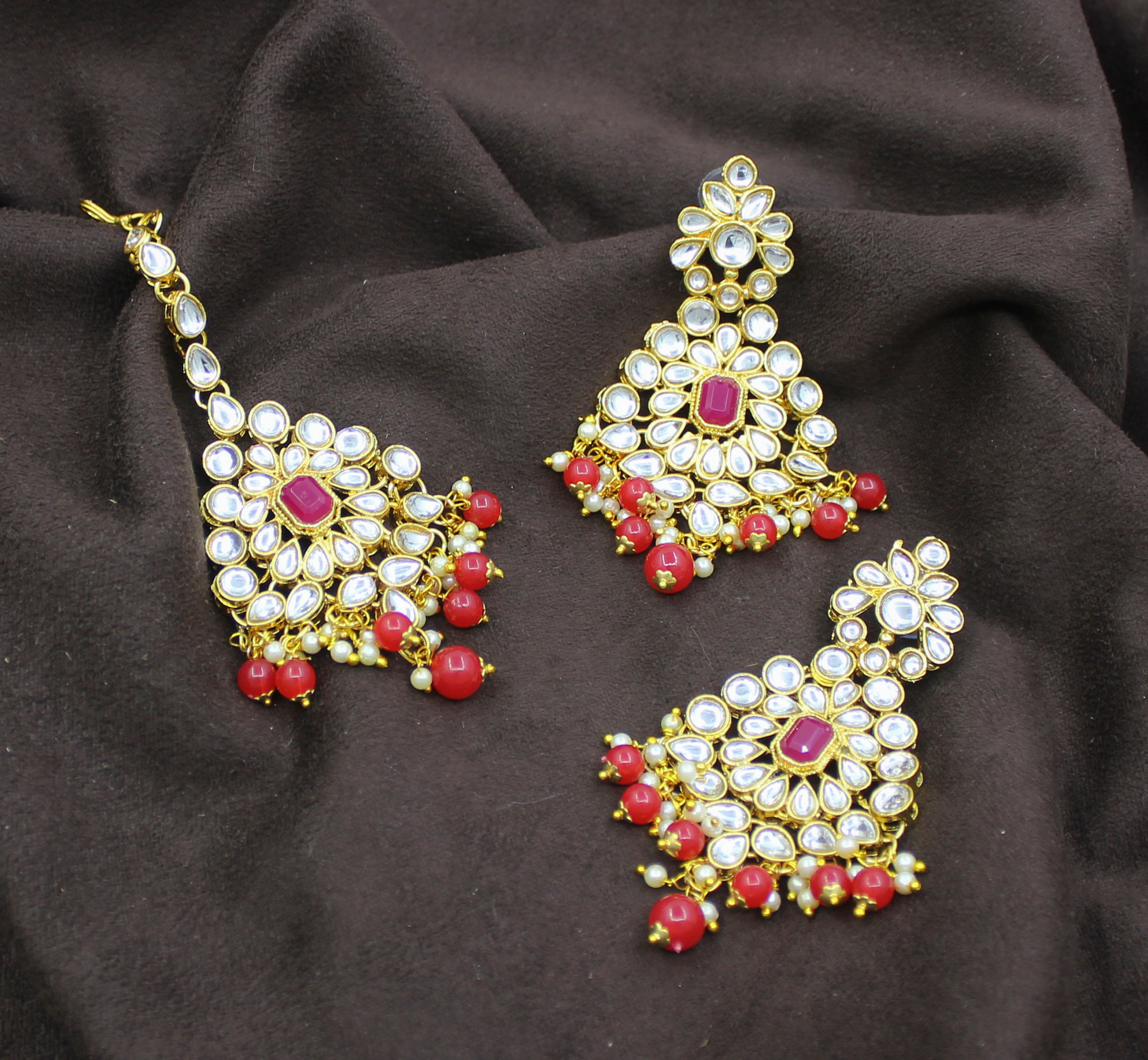 Ethnic Design Party Wear Red Color Choker Necklace Earring With Maangtikka Jewellery Set