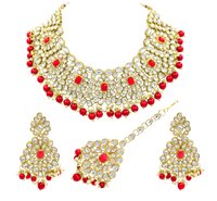 Ethnic Design Party Wear Red Color Choker Necklace Earring With Maangtikka Jewellery Set