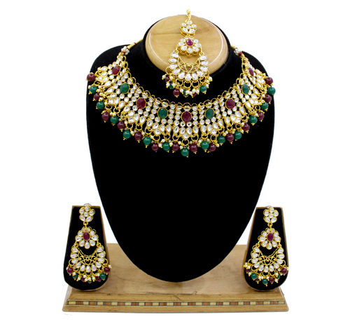 Party Wear Gold Plated Choker Necklace Earring With Maangtikka Jewellery Set Gender: Women