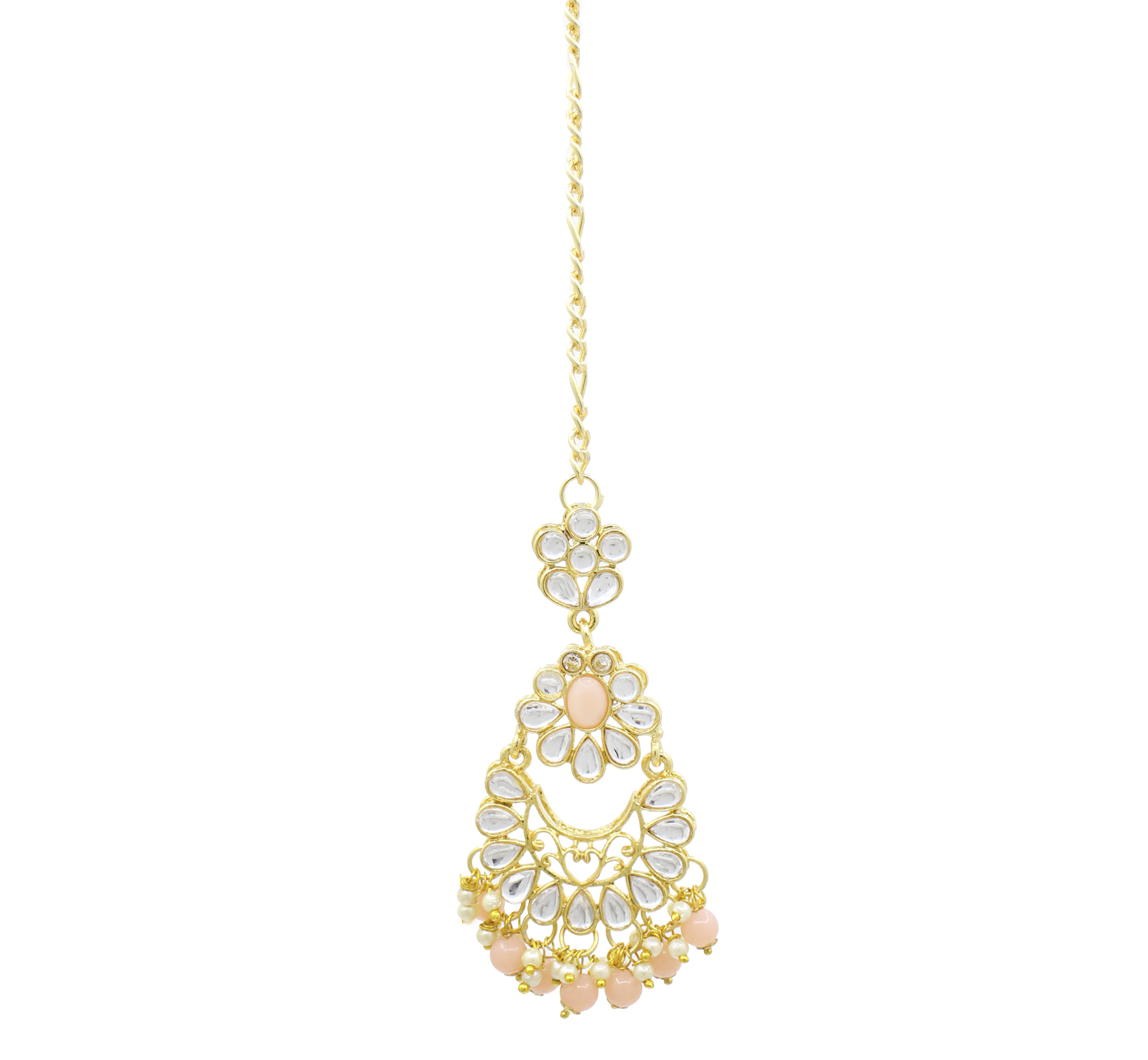 Party Wear Kundan Gold Plated Peach Color Choker Necklace Earring With Maangtikka Jewellery Set