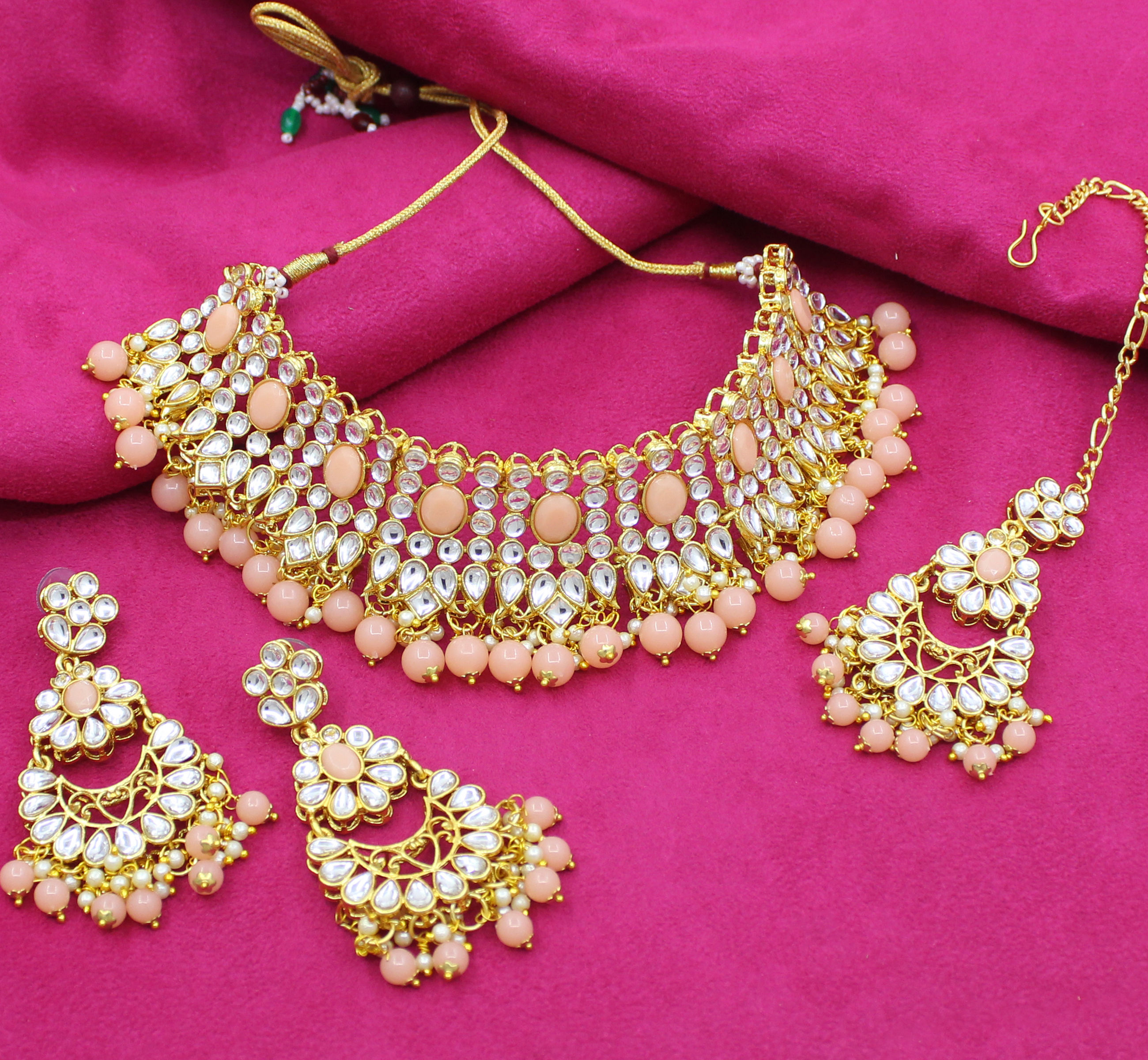 Peach colour on sale kundan jewellery