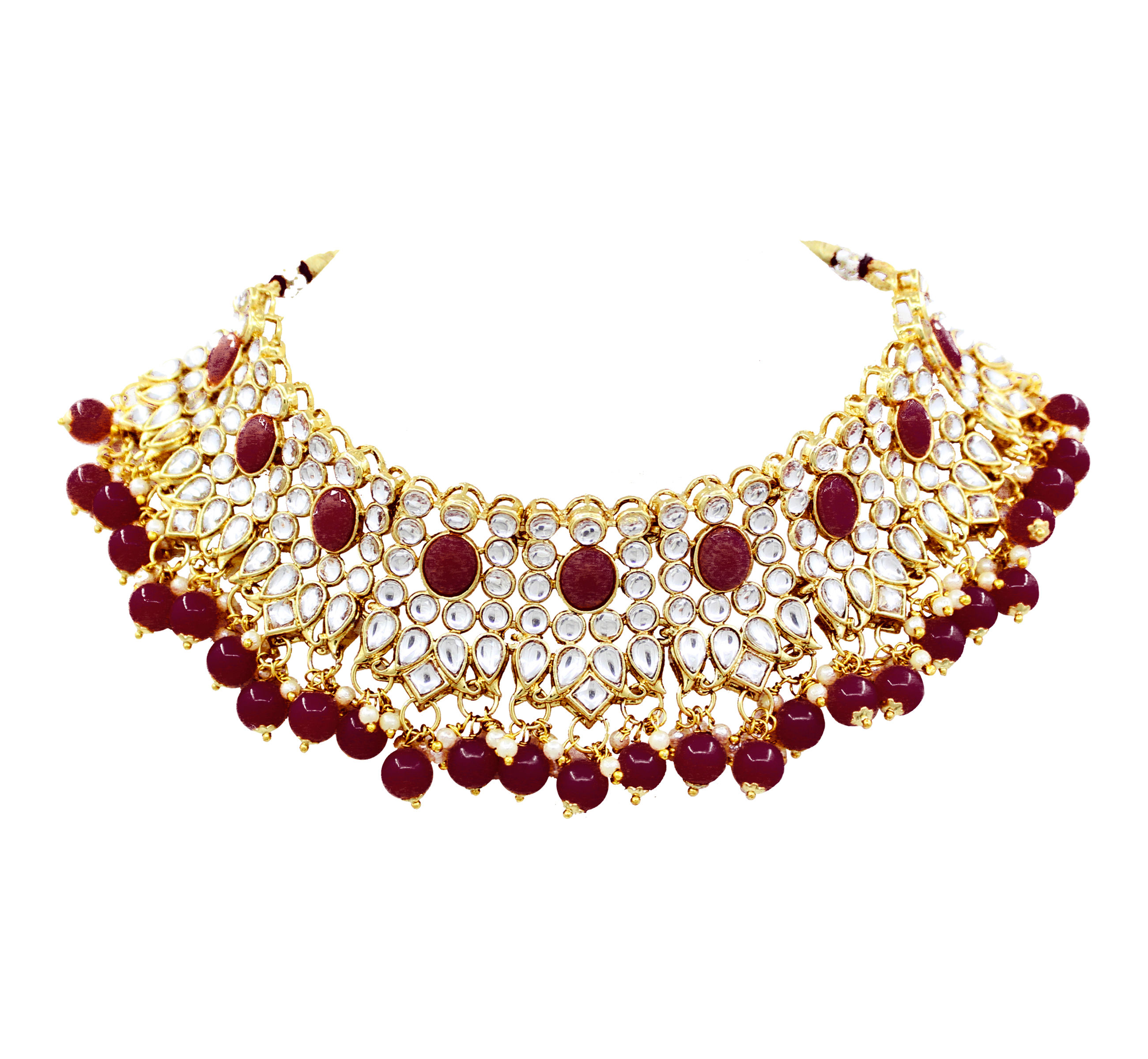 Party Wear Gold Plated Maroon Color Kundan Choker Necklace Earring With Maangtikka Jewellery Set