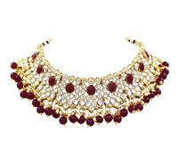 Party Wear Gold Plated Maroon Color Kundan Choker Necklace Earring With Maangtikka Jewellery Set