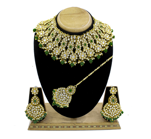 Wedding Collection Kundan Stone Work Green Color Choker Necklace Set Drop Earrings