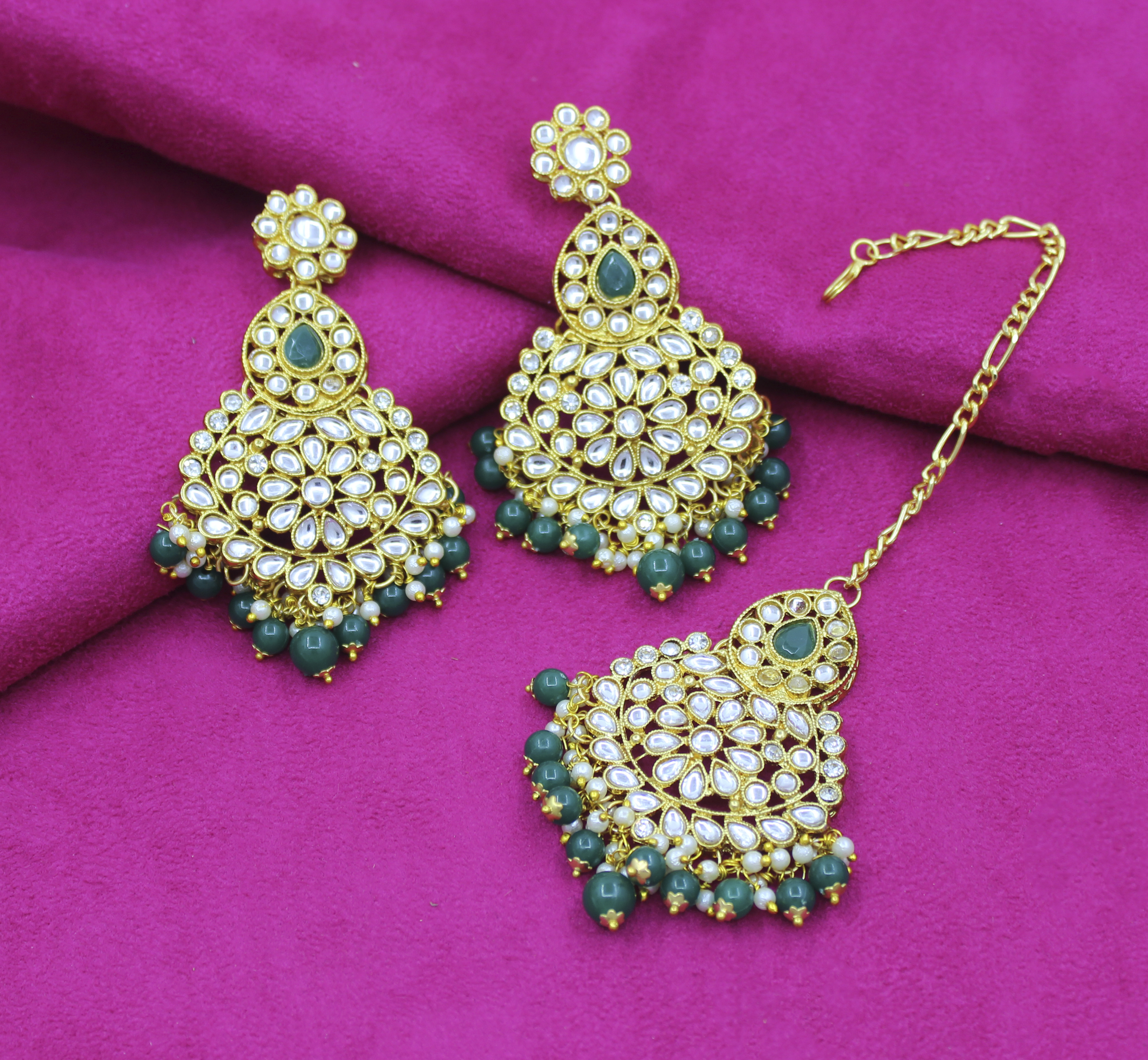 Wedding Collection Kundan Stone Work Green Color Choker Necklace Set