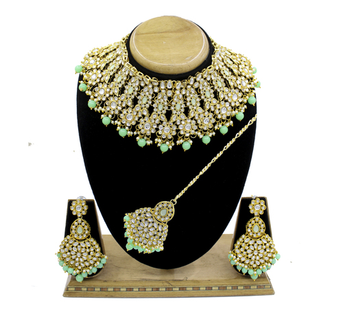 Wedding Collection Kundan Stone Work Mint Color Choker Necklace Set