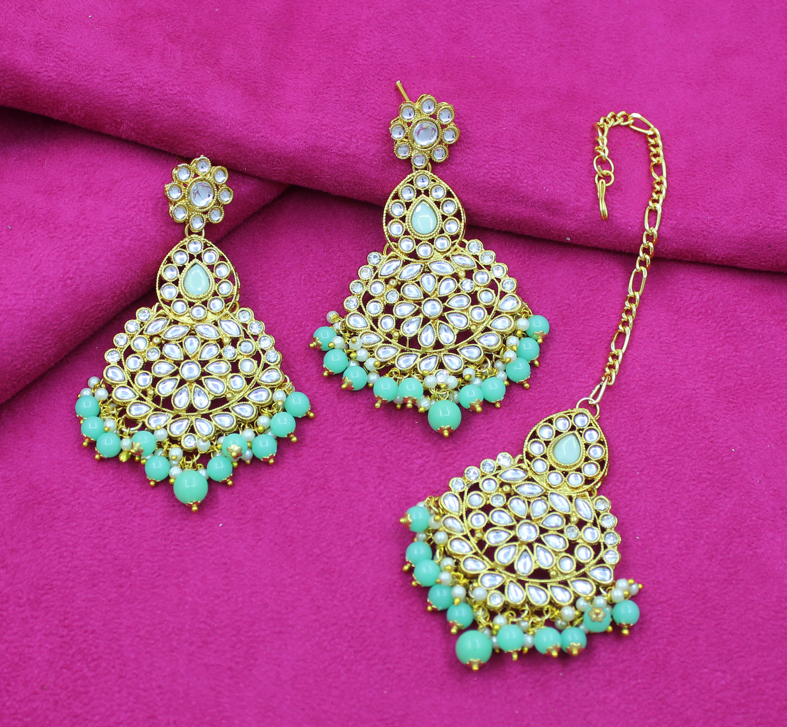 Wedding Collection Kundan Stone Work Mint Color Choker Necklace Set