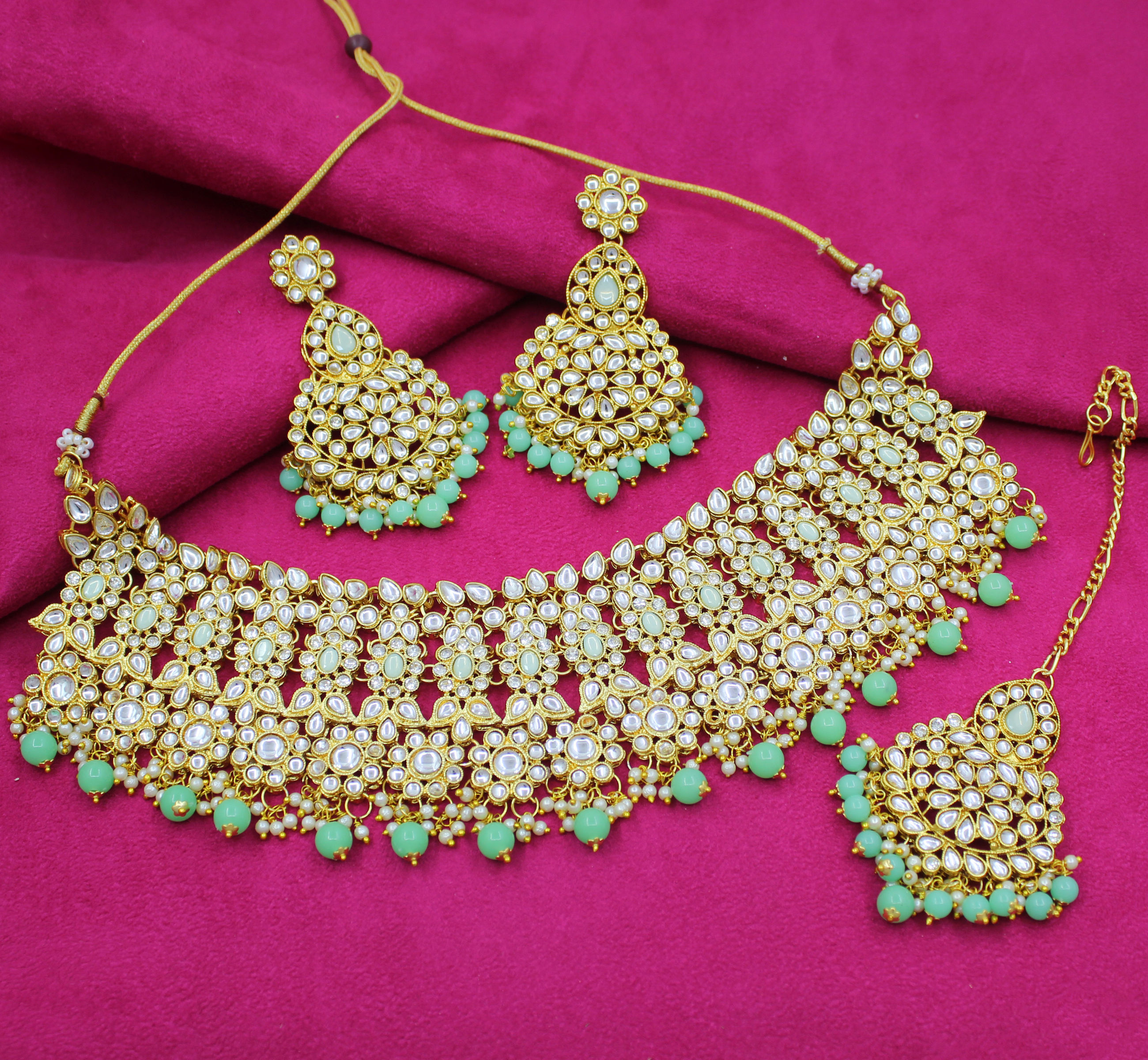 Wedding Collection Kundan Stone Work Mint Color Choker Necklace Set