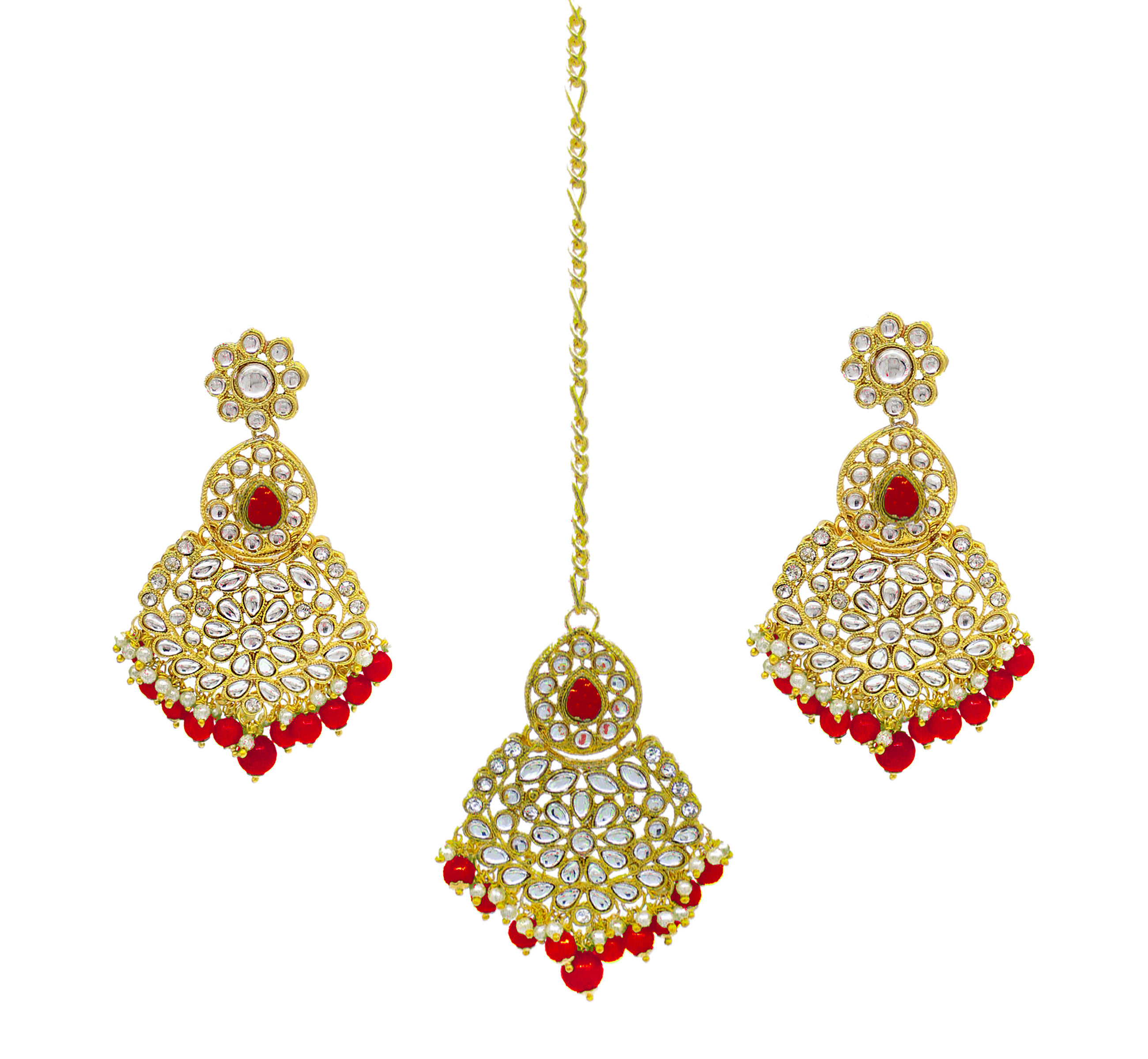 Wedding Collection Kundan Stone Work Gold Plated Red Color Choker Necklace Set