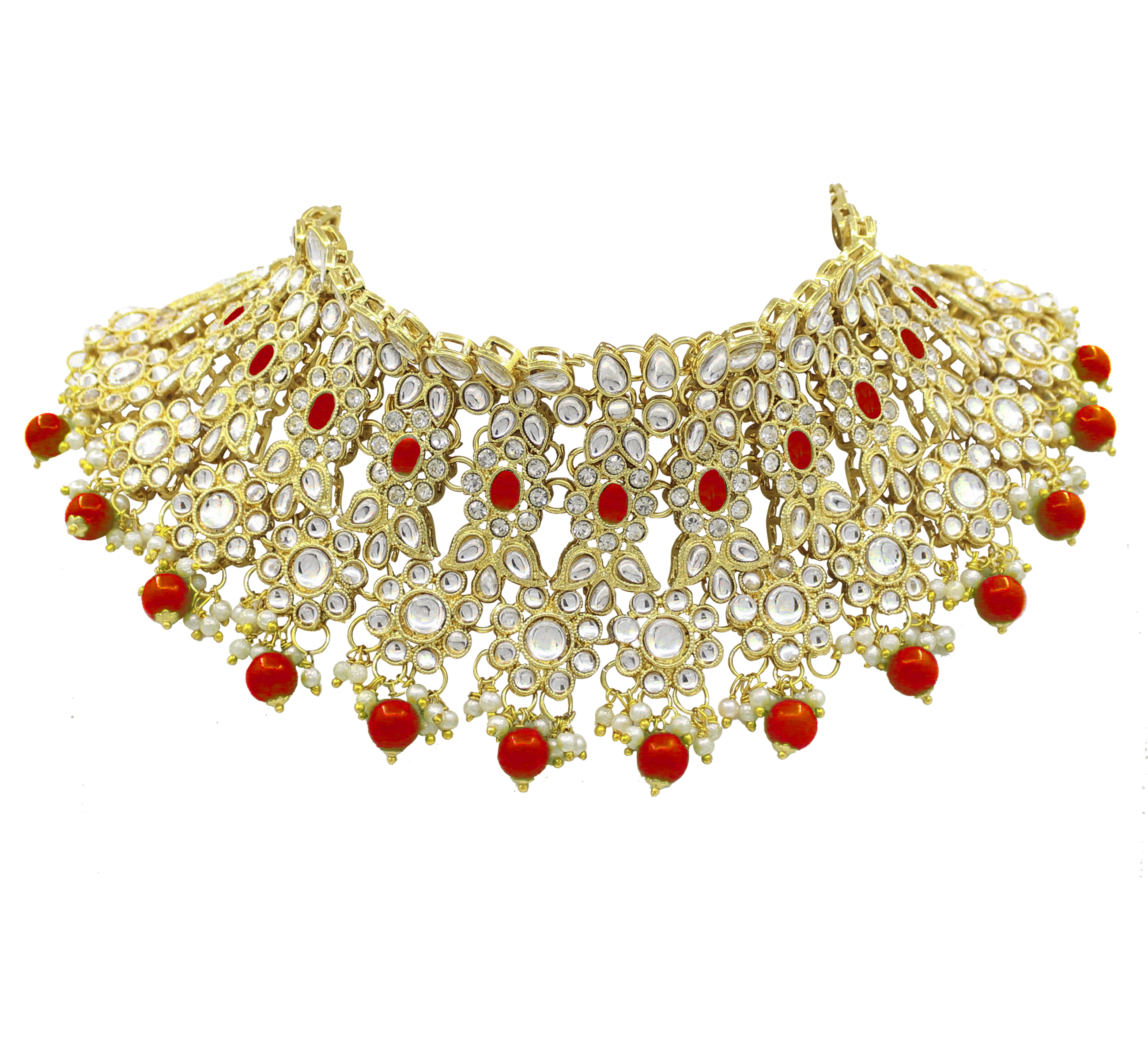 Wedding Collection Kundan Stone Work Gold Plated Red Color Choker Necklace Set