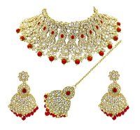 Wedding Collection Kundan Stone Work Gold Plated Red Color Choker Necklace Set