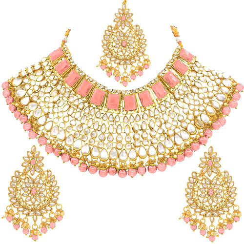 Ethnic Indian Gold Plated Kundan Jewelry Set With Choker Earrings Maang Tikka Set