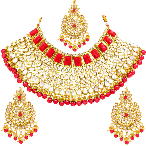 Gold Plated Kundan Jewelry Set With Red Color Choker Earrings Maang Tikka Set