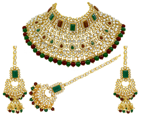 Indian Bridal Multi Color Kundan Choker Necklace Earring With Maangtikka Jewellery Set