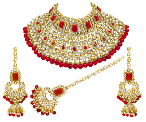 Indian Bridal Red Color Kundan Choker Necklace Earring With Maangtikka Jewellery Set