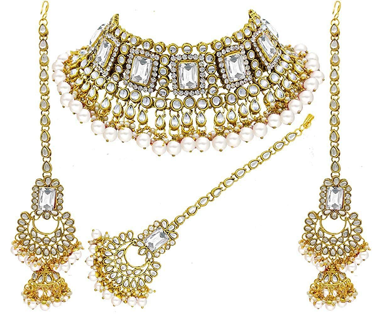 Bridal Gorgeous look White Color Kundan Choker Necklace Earring With Maangtikka Jewellery Set