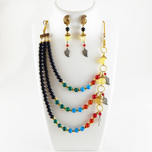 Gemstone Multi Color Beads Three Lines Necklace