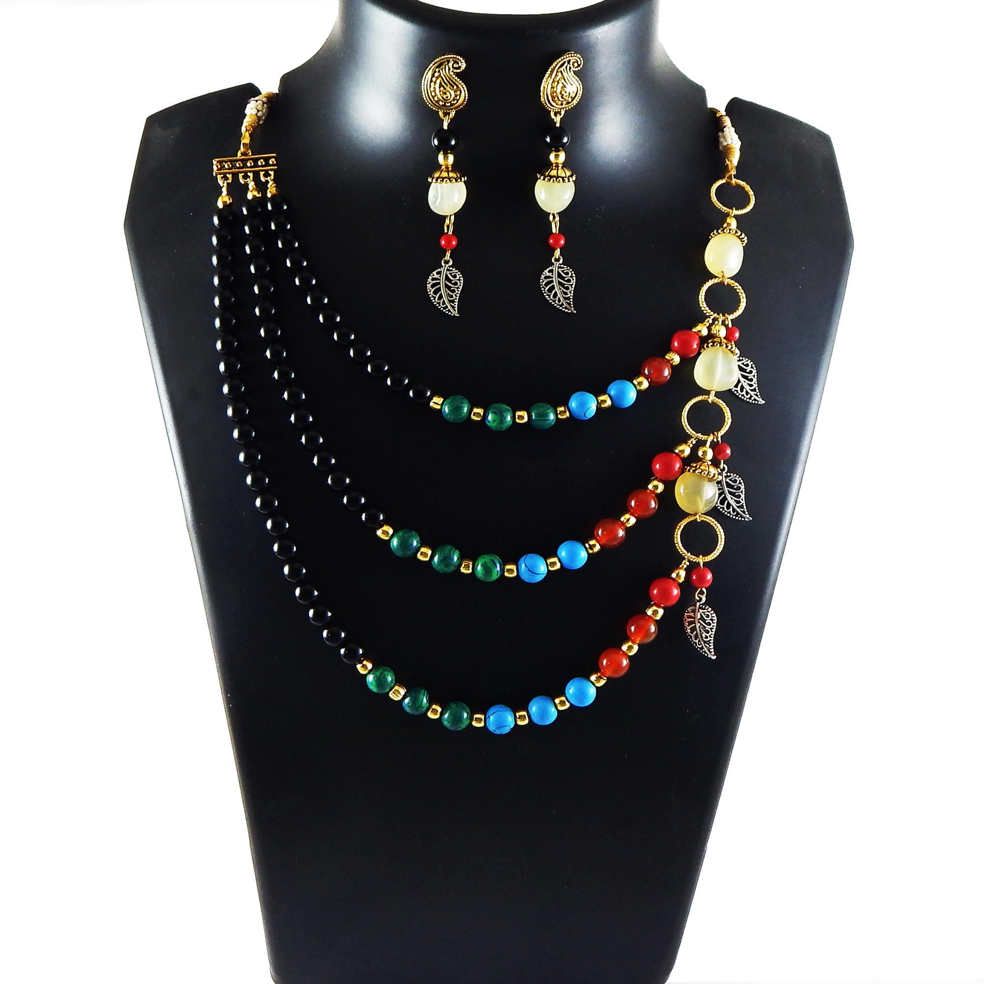Gemstone Multi Color Beads Three Lines Necklace