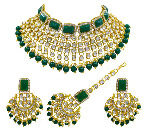 Kundan Stone Work Choker Necklace Set Drop Earrings