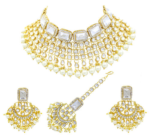 Party Wear Design Gorgeous Look Kundan Stone Work Choker Necklace Set Drop Earrings