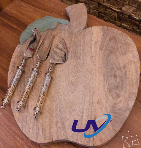 Mango Wood Platter With Crystal Cheese Knife Set, Set Of 3