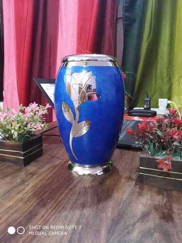 BLUE URN WITH GOLDEN FLORISH METAL URN FOR ASHES FUNERAL SUPPLIES