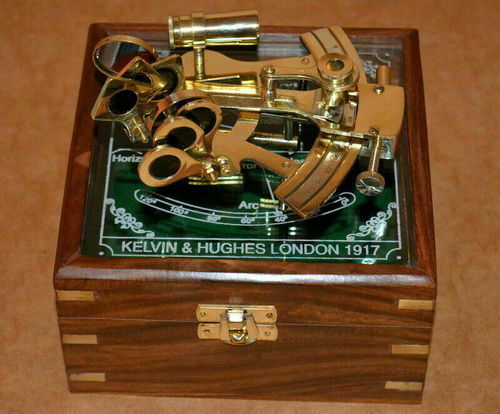 Vintage Brass Nautical Maritime Sextant Astrolab Ship Instrument with Wooden Box