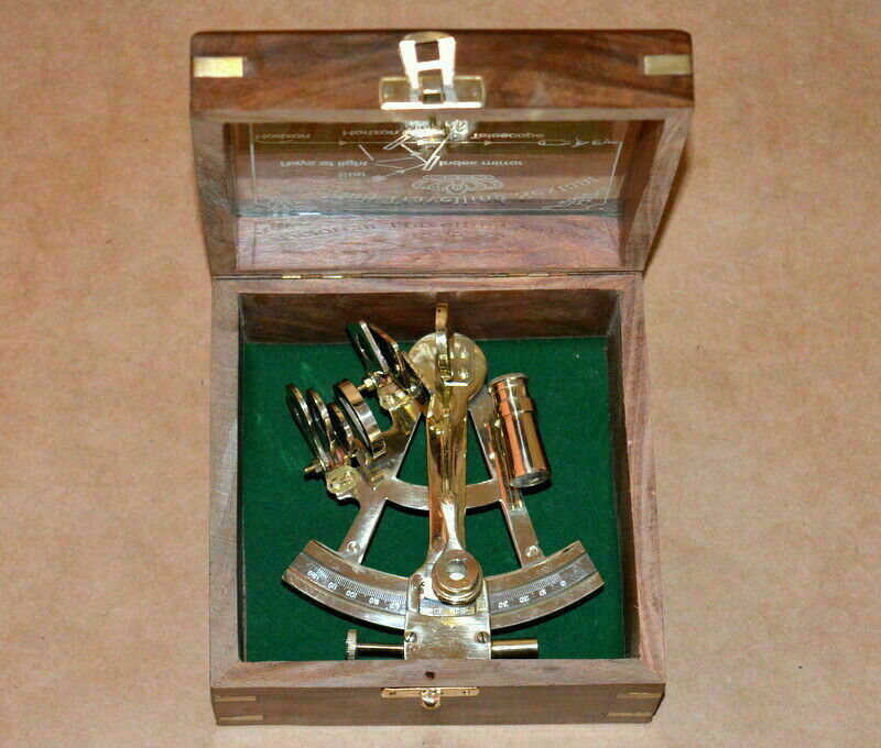 Vintage Brass Nautical Maritime Sextant Astrolab Ship Instrument with Wooden Box