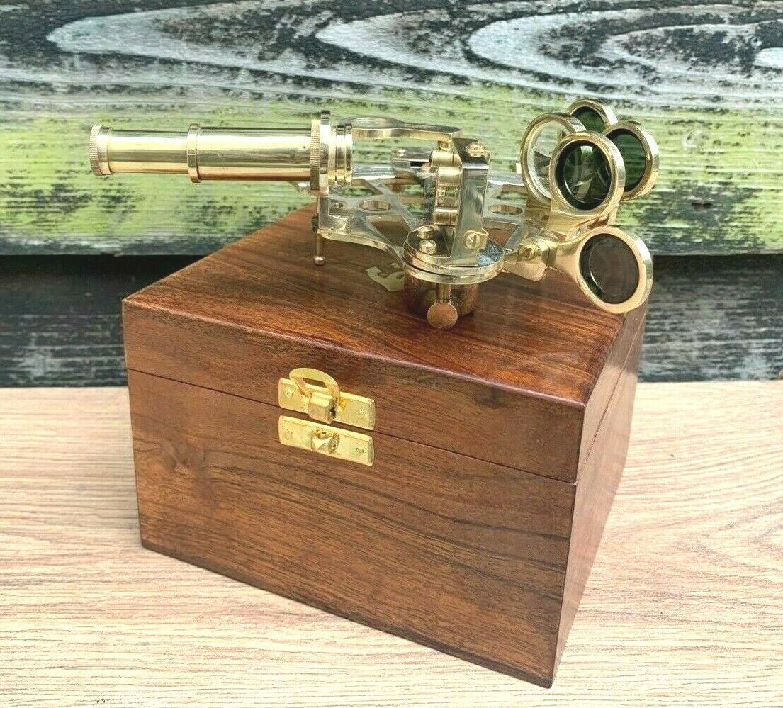 Antique Brass Sextant Navigation Vintage Wooden Box