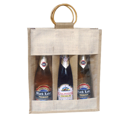 PP Laminated Jute Three Bottle Bag With Wooden Cane Handle