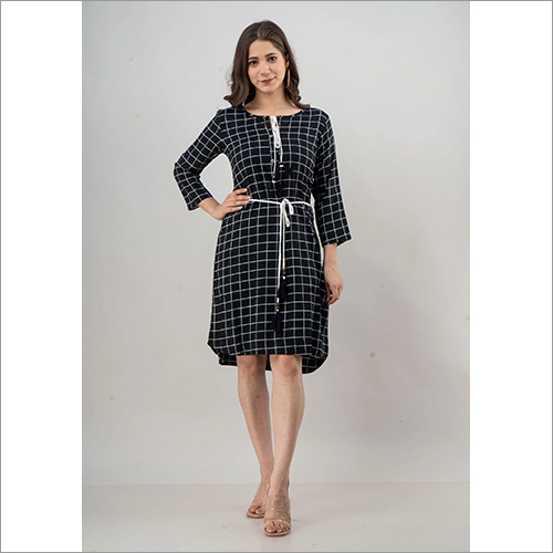 Ladies Black and Yellow Rayon Trendy Short Dress