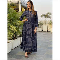 Ladies Rayon Long Dress With Dotted Print