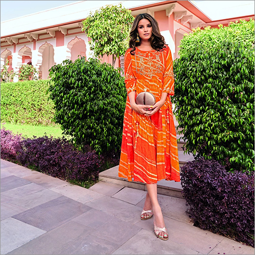 Ladies Shades Of Orange With Gota Embroidery Rayon Dress