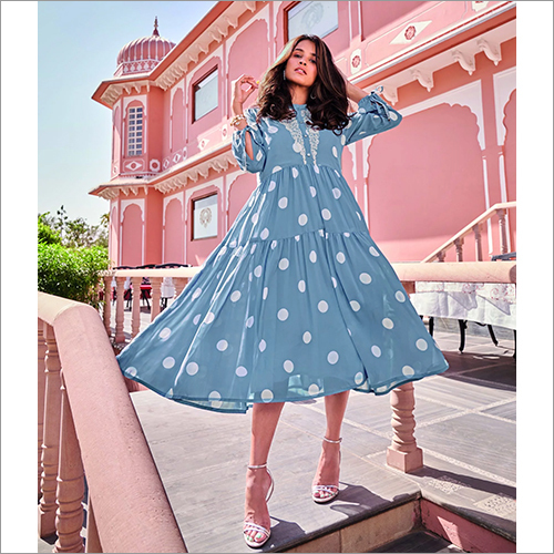 Ladies Blue Colored Polka Dot Dress