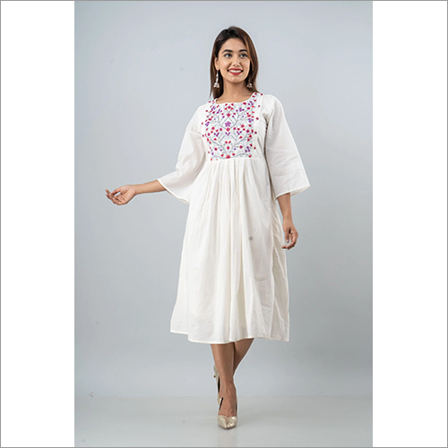Indian Ladies White Cotton Cambric Short Mid Length Dress