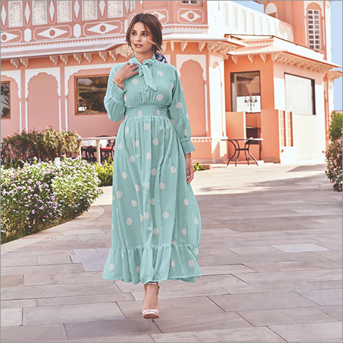 Ladies Ong Polka Dot Dress With Neck Knot And Elastic Waist
