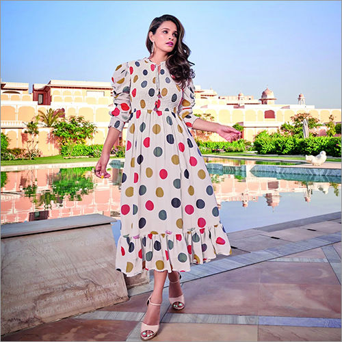 Printed Ladies Polkadot Dress With Bishop Ruffled Sleeves