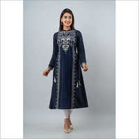 Ladies Rayon Staple Embroidered Blue Kurti