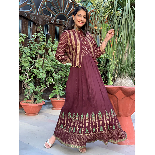 Indian Ladies Brown Long Dress With Jacket