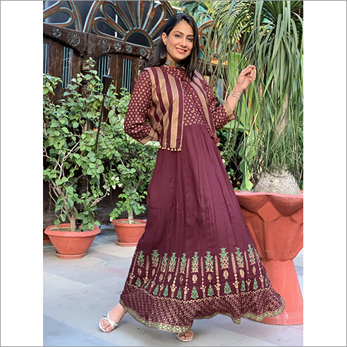Ladies Brown Long Dress With Jacket