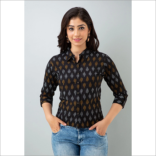 Ladies Black Shirt With White And Brown Pattern