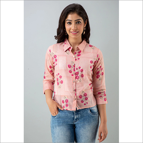 Spring Ladies Pink Cotton Shirt With Floral Print
