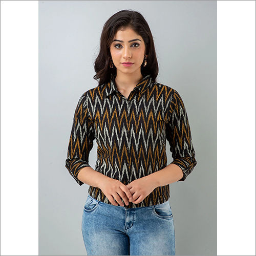 Ladies Black Cotton Shirt With Ziz Zac Pattern