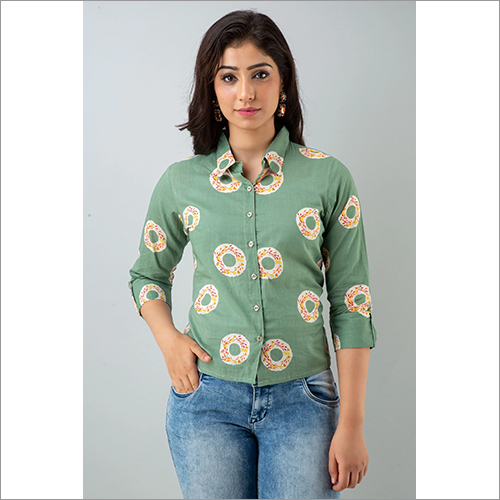 Ladies Green Cotton Shirt With Flower Patterns