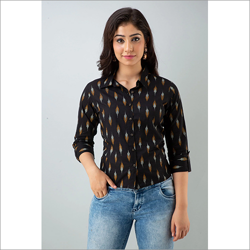 Ladies Black Cotton Shirt With Leaf Patterns